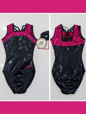 NEW Alpha Medium Gymnastics Dance Leotard Mystique RASPBERRY Stones +SCRUNCHIE